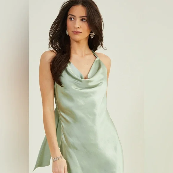 Altar'd State Sage Green Daphne Satin Halter Neck Midi Dress